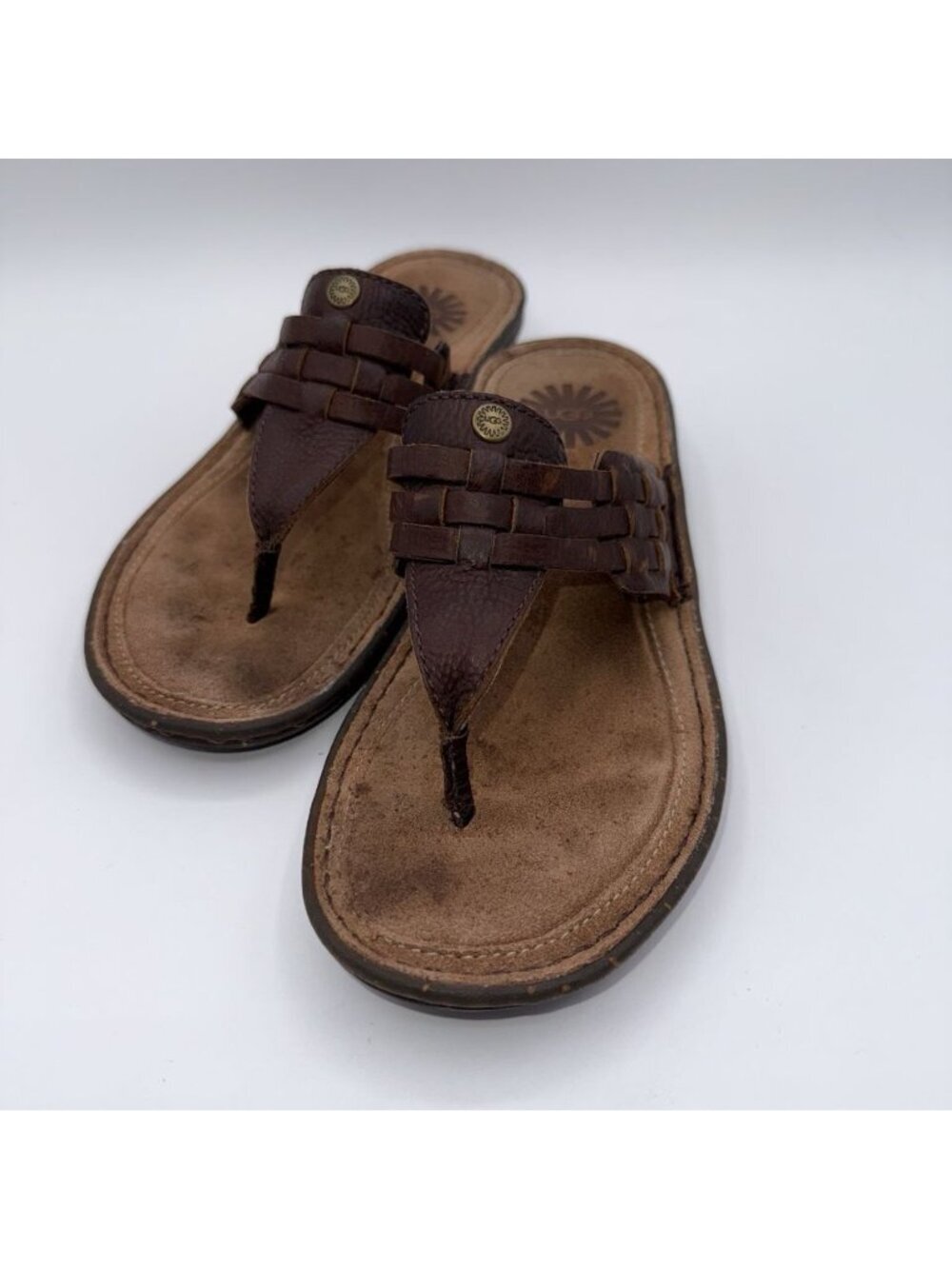 UGG Jeneya Brown Woven Leather Flip Flop Sandals Thong Womens Sz 6 EUC #1007561